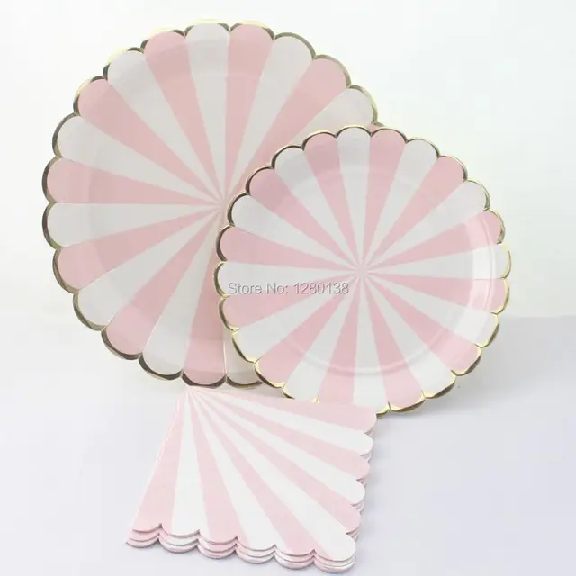 Scallop Design Party Tableware,Pastel Pink Striped with Metallic Gold
