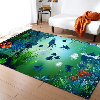 

3D Ocean Fishes Rug and Carpet Decor Bedside Floor Area Rug Kids Play Mat Flannel Anti-slip Carpets for Modern Living Room