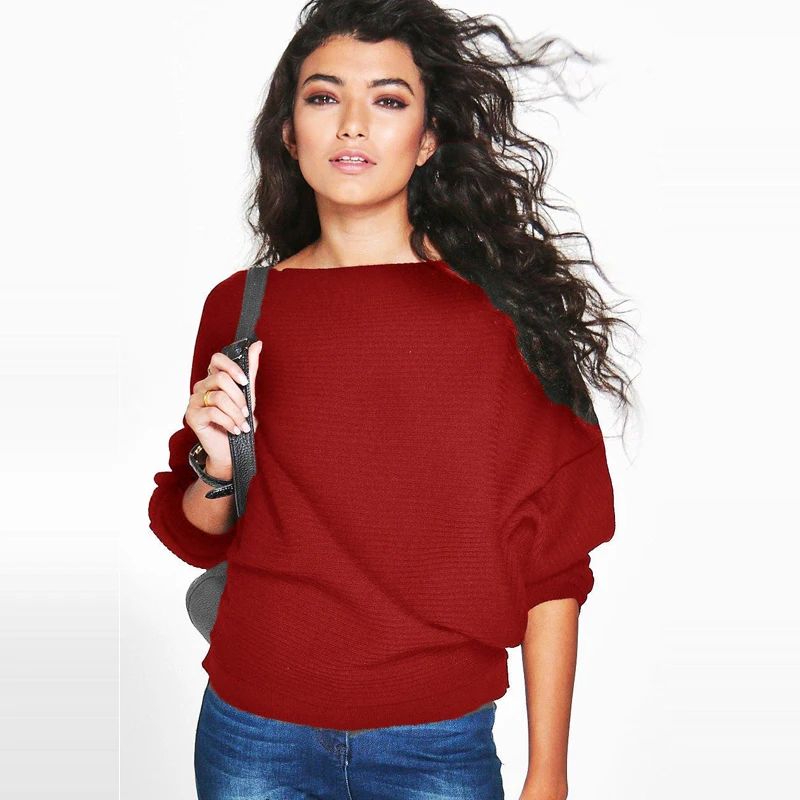 

CWLSP New Batwing Sleeve Sweater Women 2018 Autumn Winter Slash neck Knitted Sweaters Casual Pullovers Jumper QZ2354