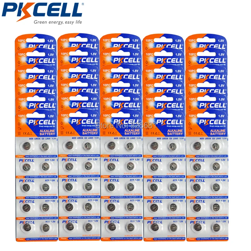 PKCELL 400Pcs/40card AG9 Button Cell battery LR45 LR194 LR936A 1.5V 45mAh Alkaline Batteries for