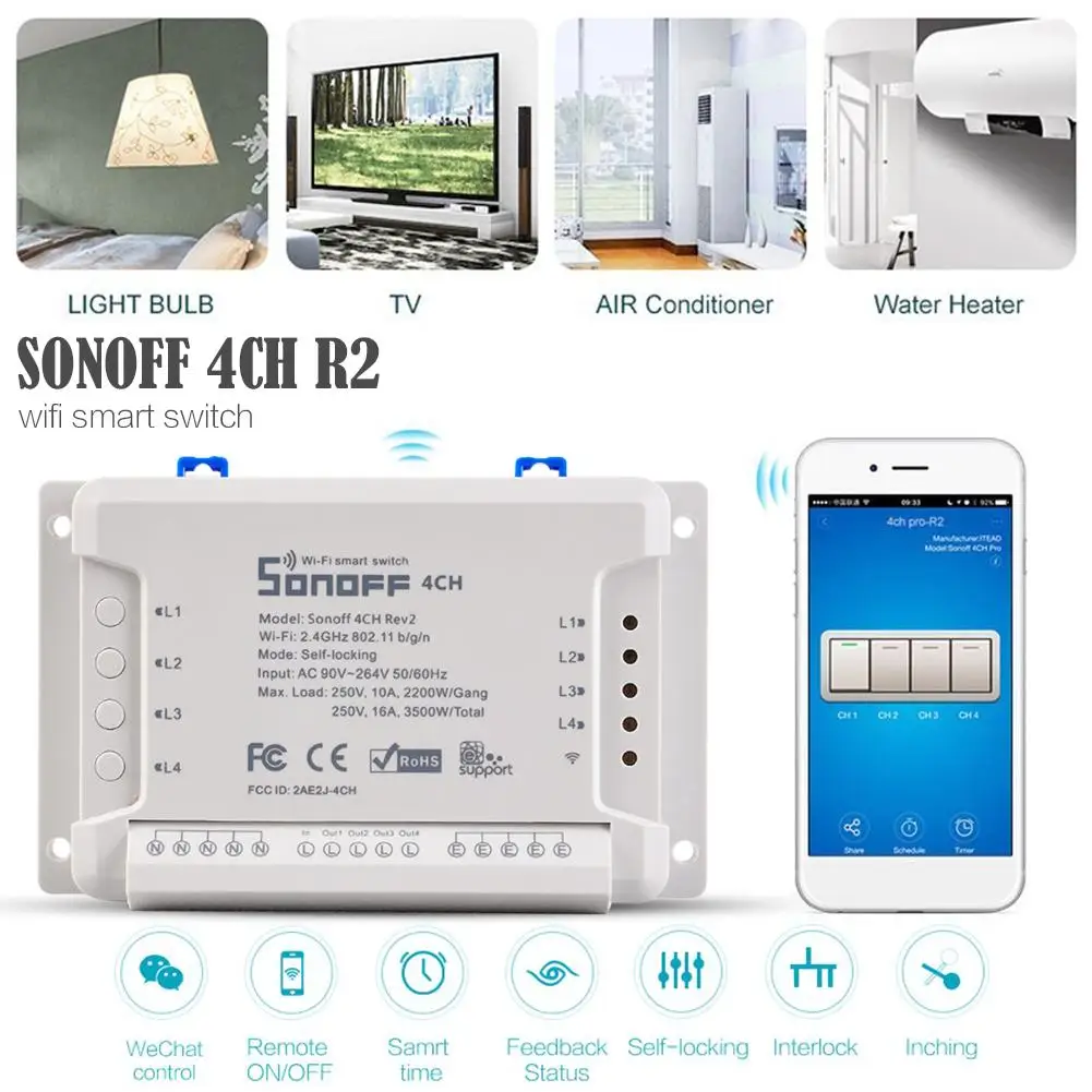 

High Quality Sonoff 4CH Pro R2 4 Gang Inching Self-Locking Interlock WiFi RF Smart Switch