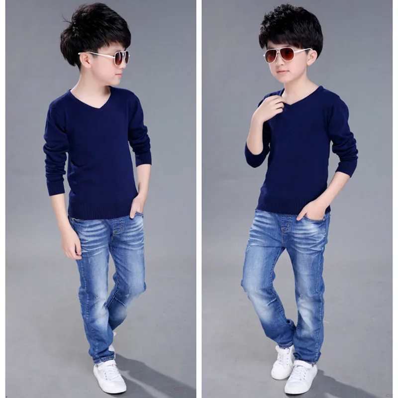Fashion Boys Sweater Knitting Pattern Spring Children Pullovers Tops Cotton Kids Outerwear Clothes Pure Color Sweater 4-16Y