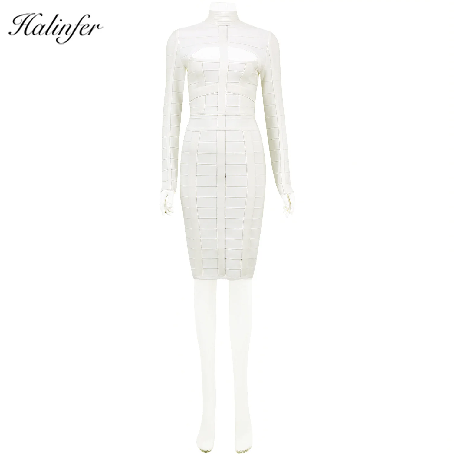 Halinfer Women Long Sleeve Bandage Dress 2019 New Arrivel White Party Bandage Dress Bodycon Sexy Hollow Out Mid-calf O-neckDress Halinfer Women Long Sleeve Bandage Dress 2019 New Arrivel White Party Bandage Dress Bodycon Sexy Hollow Out Mid-calf O-neckDress