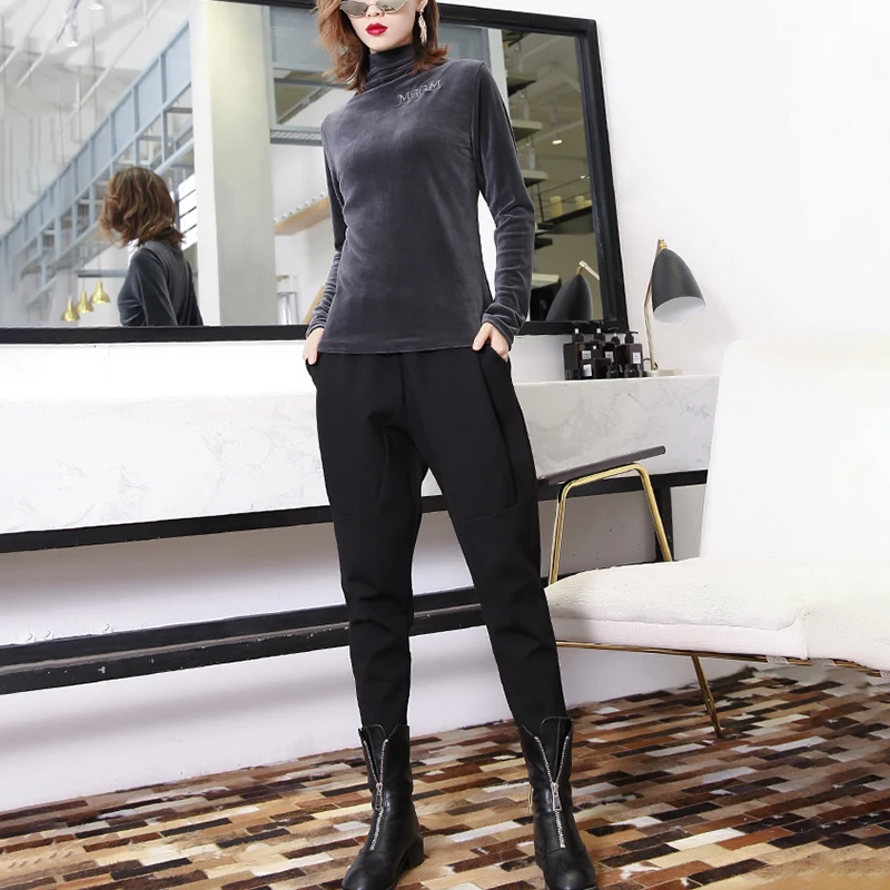 [EAM] Черные Брюки-шаровары с высокой эластичной талией для отдыха, новинка, свободные брюки, женские модные брюки, весна-осень JK480
