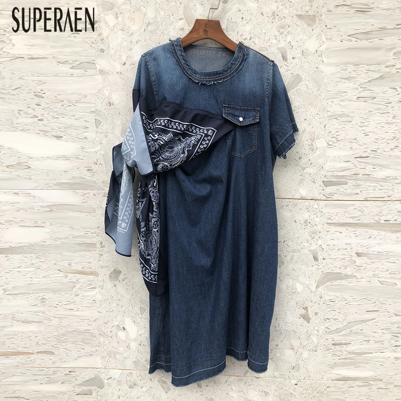 

SuperAen Summer and Spring New Denim Dress Women Short Sleeve Casual Ladies Dress Print Fashion Wild Europe Women Clothing