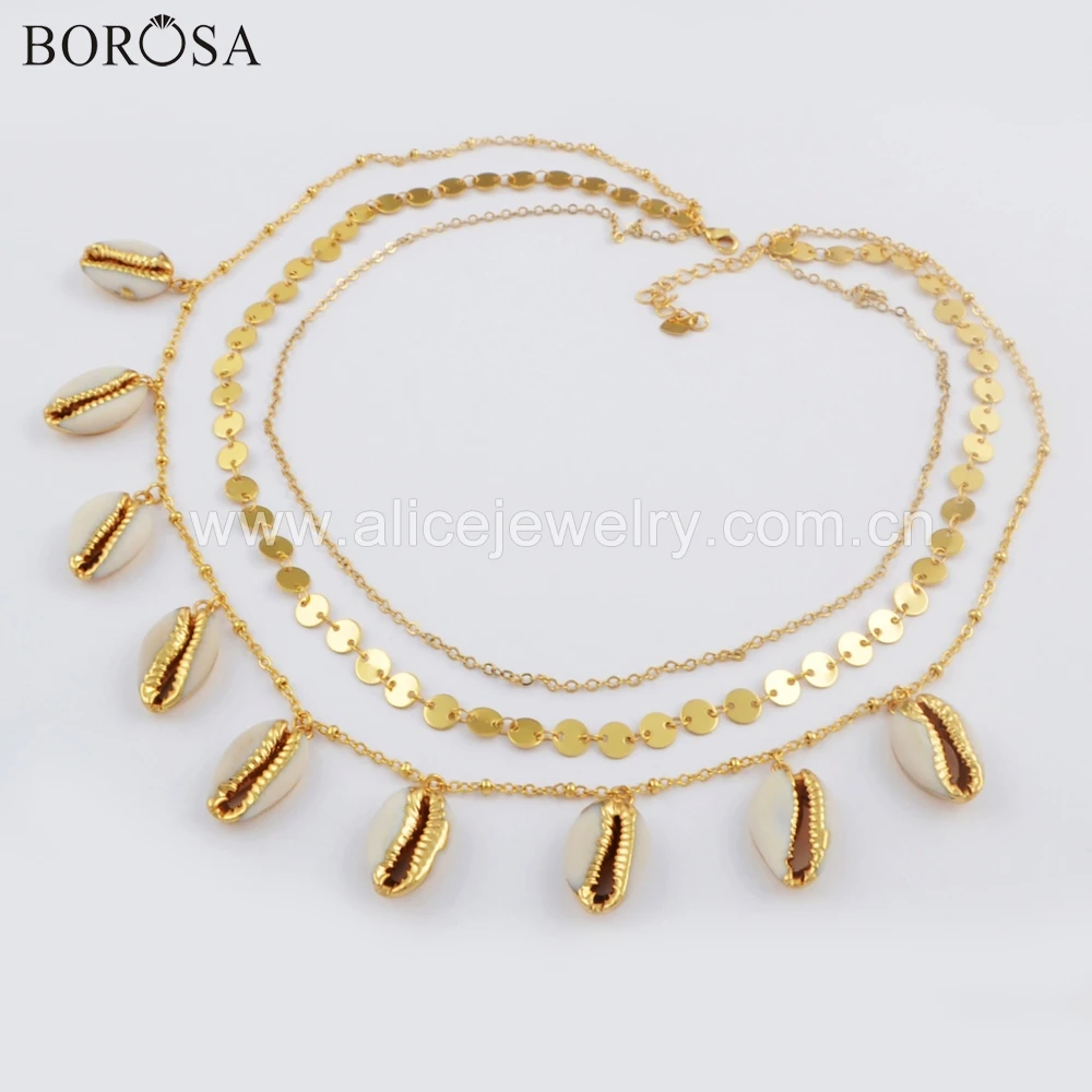 

BOROSA 2PCS Handcrafted Gold/Silver Color Color Natural Cowrie Shell Beads Three Layer Chains Necklace Fashion Jewelry G1736