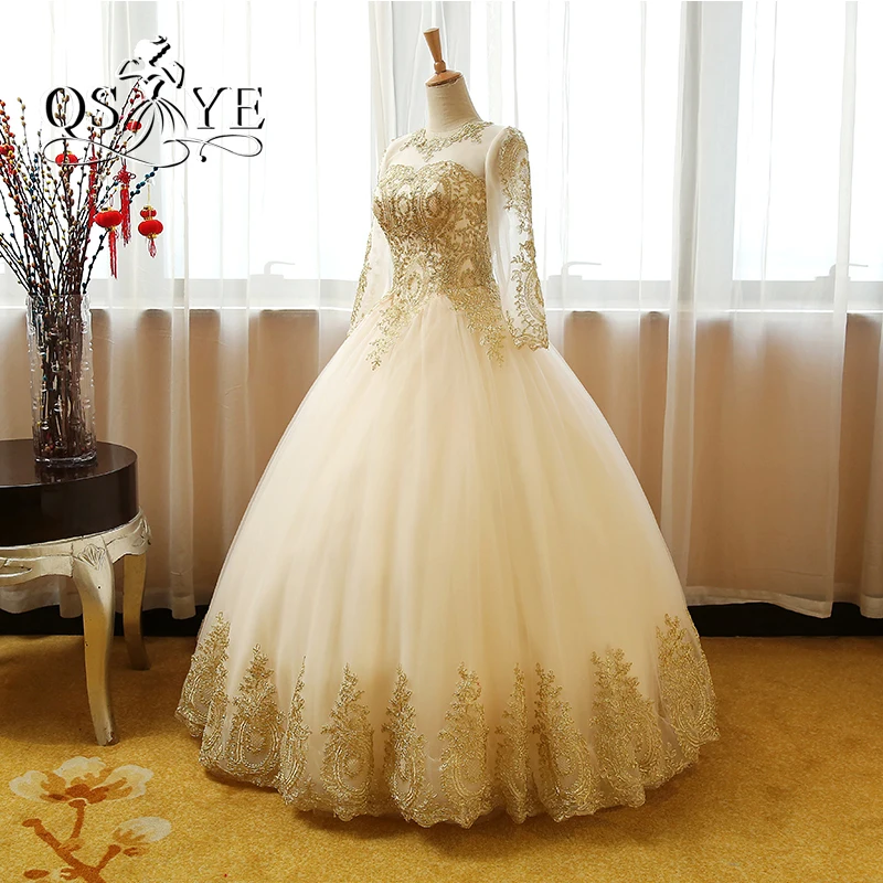 Vestido de Novia бальное платье шампанское кружево Выпускные платья Откровенное с вырезом на шее 2018 одежда с длинным рукавом Золотые Аппликации