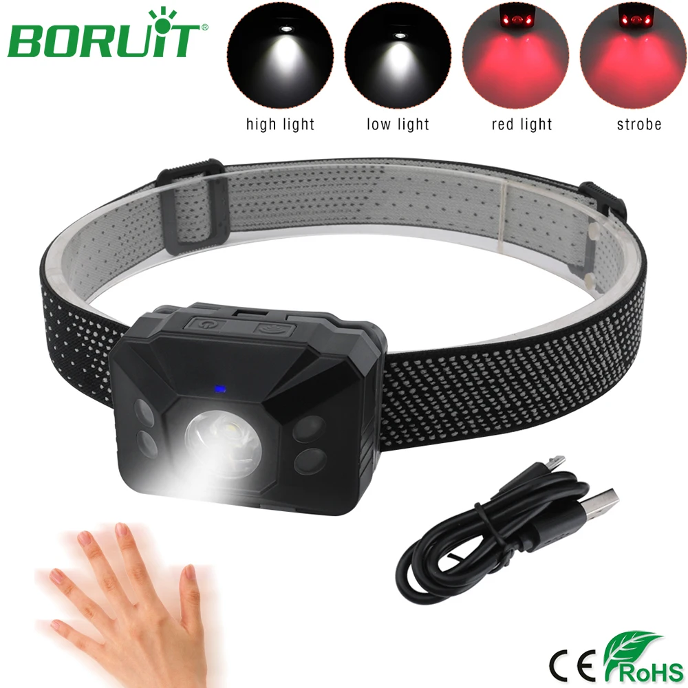 

BORUiT IR Sensor XP-G2 LED Headlamp Flashlight USB Rechargeable Head Torch Waterproof Camping Hunting Lanterns with Battery