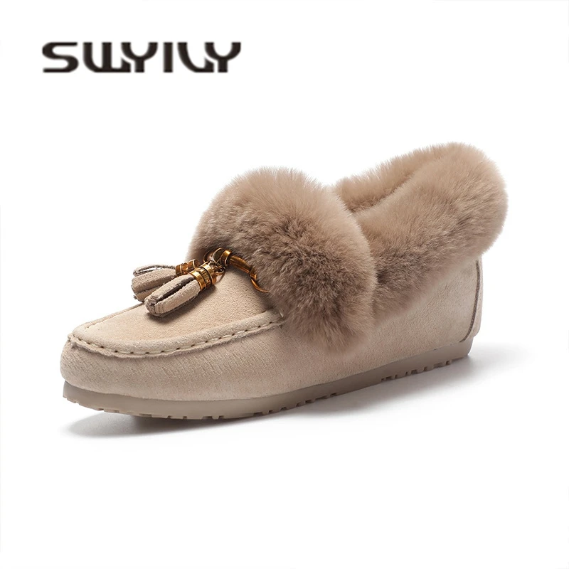 SWYIVY Woman Loafers Flats Genuine Leather 2018 Winter New Fur Warm Snow Boots Shoes Tassel Ladies Luxury Rabbit For Flats Shoes