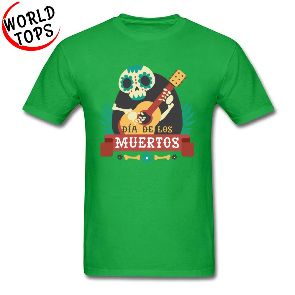 Hip Hop Men Tees Printing comfortable T Shirt Pure Cotton Short Sleeve Casual Tops Shirt O Neck Free Shipping Day Of The Dead Skeleton Guitar  green