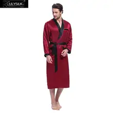 Lilysilk Robe Male Natural Chinese Silk Bathrobe for Men Sleepwear Kimono Contrast Color Designer Long Sleeve Belt Tier Pockets