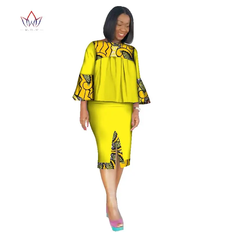 Африканская одежда для женщин Анкара комплект из двух предметов с длинными рукавами укороченные топы и юбка набор женщин Базен Riche африканская одежда 6XL WY2571 - Цвет: 10
