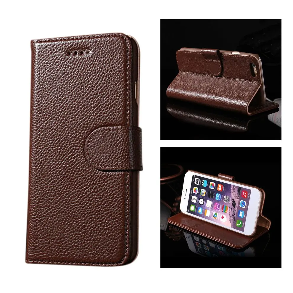 

8 Pcs Brown Lichee Pattern Cow Leather Phone Case Wear Resistant Wallet Phone Cover Card Slot Phone Shell For iPhone 6/6s Plus