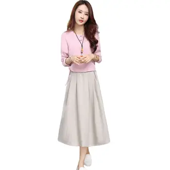 

2019 New Summer Women Casual Sets Ladies O Neck Solid Blouse + Skirt Suits Female Vintage Cotton Linen Two Pieces Set F50