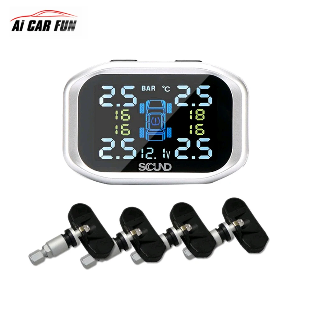12V Car TPMS Wireless Tire Pressure Monitoring System Cigarette Lighter Power Alarm Systems with 4 internal or External Sensor