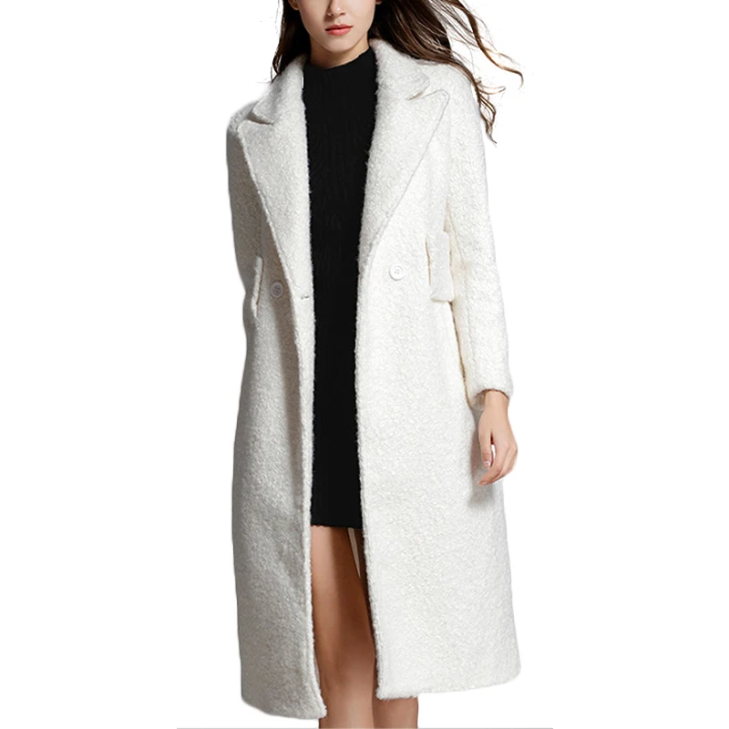 2018 Winter Lamb's White Wool Coat Turn-down Collar Office Lady Vintage Warm Winter Long Woolen Coat Coat Female Coats