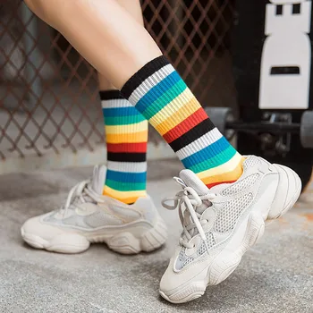

Women Multicolor Stripe cotton Socks Mid Tube Socks Cotton Retro Style Rainbow Sock happy funny socks 311