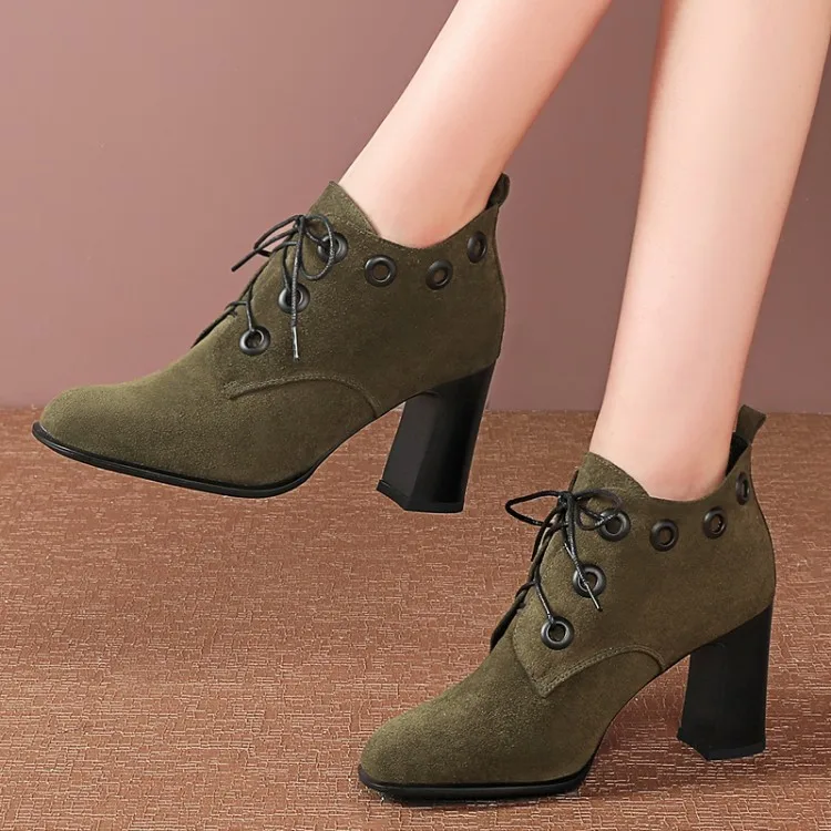 

MLJUESE 2020 women soft ankle boots Kid Suede green color rivets winter short plush high heel boots women boots size 43 party