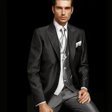 Высококачественный Блестящий темно-серый комплект из 3 предметов, смокинги для жениха, Лучшие Мужские костюмы(куртка+ брюки+ жилет), костюмы из микрофибры, официальные костюмы для торжественных случаев