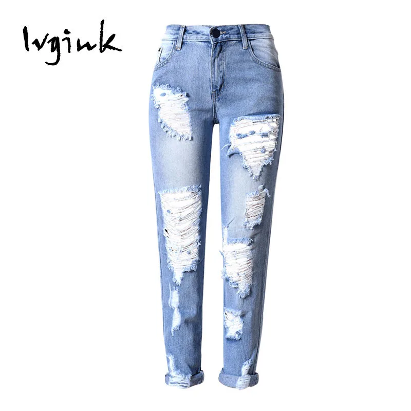 Hot Sale Regular Straight Casual Blue Plus Size Hole Ripped Women's jeans with Min Waist Zipper Pants Buttom Full Length Trouser |