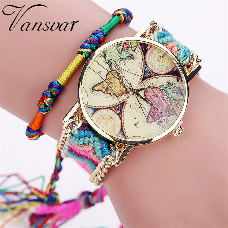 

Vansvar Women Watches Fashion Handmade Braided Rope Friendship Bracelet Watch World Map Quarzt Watch Relogio Feminino 2040