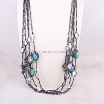 

5 Strands Zyunz Rhinestone Pave cat eye stone and pearl beads necklace hematite stone necklace fashion necklace for women