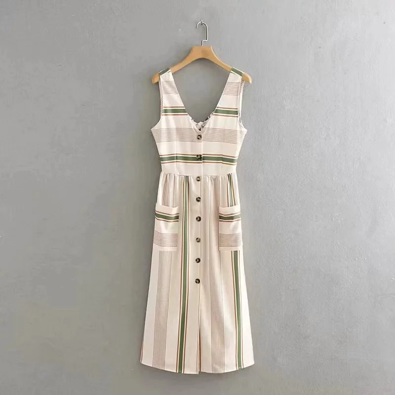 

fashion women v neck patch pocket striped vest dress casual lady back bowknot dresses 2019 summer style vestidos LD1535
