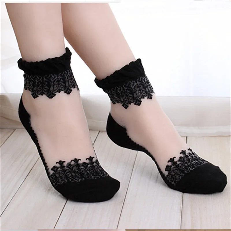 

Elegant Women Girls Transparent Beautiful Crystal Lace Elastic Short Socks Comfortable Solid Optional Color Calcetines