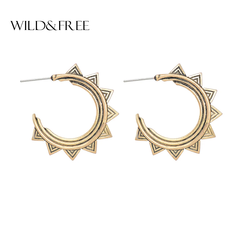 Дикие и свободные классические открытые круглые серьги-гвоздики для женщин, античное серебро и золото, европейский стиль солнца, C серьги, рок, бохо, ювелирное изделие