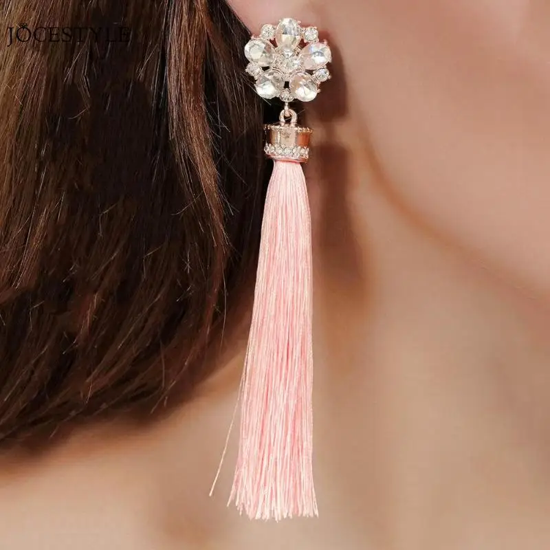 Bohemian Flower Rhinestone Long Earrings Pink Tassel Drop Earrings Women Jewelry Long Tassel Dangle Earrings Jewelry Gift