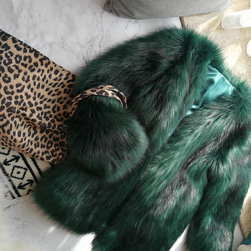 

New 2016 Autumn Winter Fashion Faux Fur Coats Women Imitation Fox Fur Medium Long Solid Faux Fur Outerwear Dark Green W899
