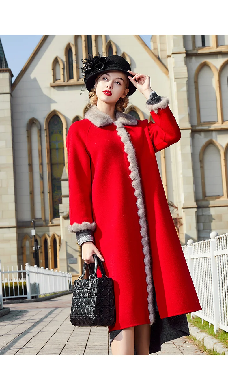 AYUNSUE красное шерстяное пальто женское 2019 осень зима шерстяное пальто с воротником из натурального меха норки Двусторонняя шерстяная
