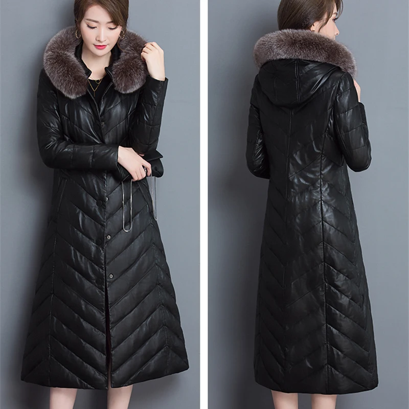 2017 Fashion Thick Warm Leather Jacket Women Long Slim PU Leather Coat Ms Outerwear Parkas Luxurious Ms Coat Plus Size 5XL f211