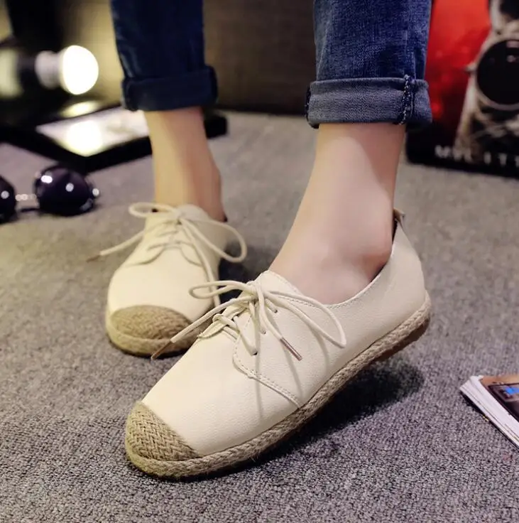 

Classic spring and summer new fisherman woman shoes flat bottom lace-up casual sneakers women's shoes white straw loafers