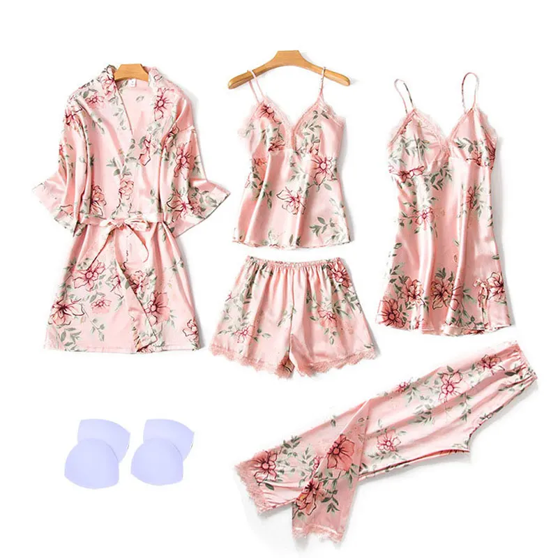 Пижама атласная Домашняя одежда модные пижамы женские летние шорты шелковые пижамы женские 5 шт. сексуальное кружевное кимоно Халаты Ночное белье - Цвет: Розовый