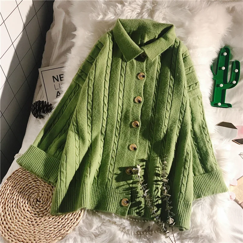

turn-down collar women sweater and cardigan solid button loose thicken warm elegant lady outwear coat tops