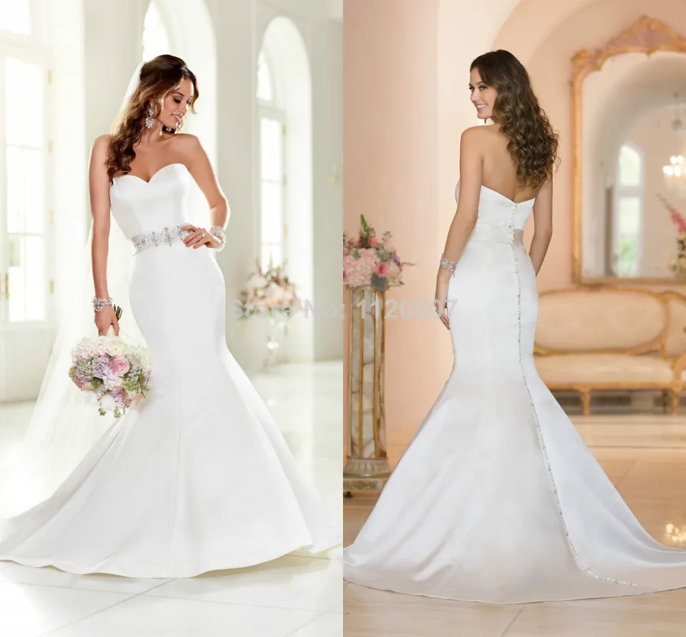 Simple Sweetheart Zipper Buttons Custom Made Free Shipping New Arrival with Luxury Crystals Girl Wedding gown 2014 Mermaid | Свадьбы и