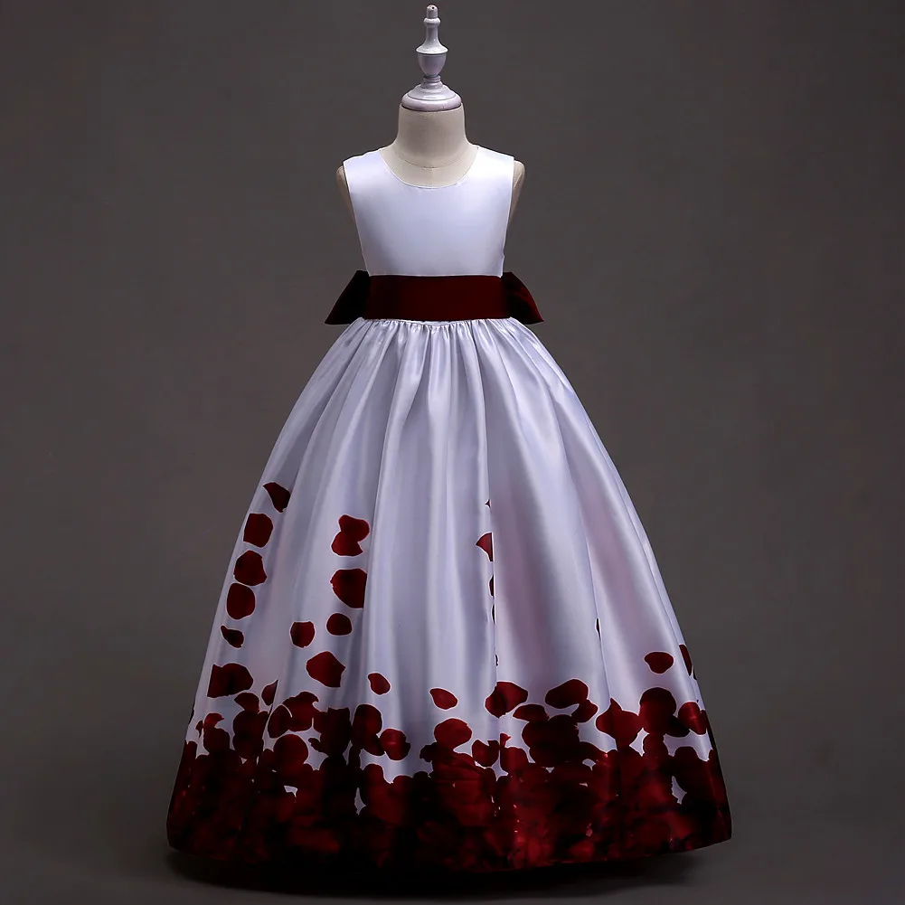 white flower girl dress with burgundy bow