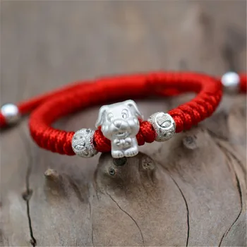

Cute 999 Silver Dog Charm Bracelet Chinese Lucky Hand Knitting Red Rope Hand String for Boys Babies Birthday Day Gift Wholesale