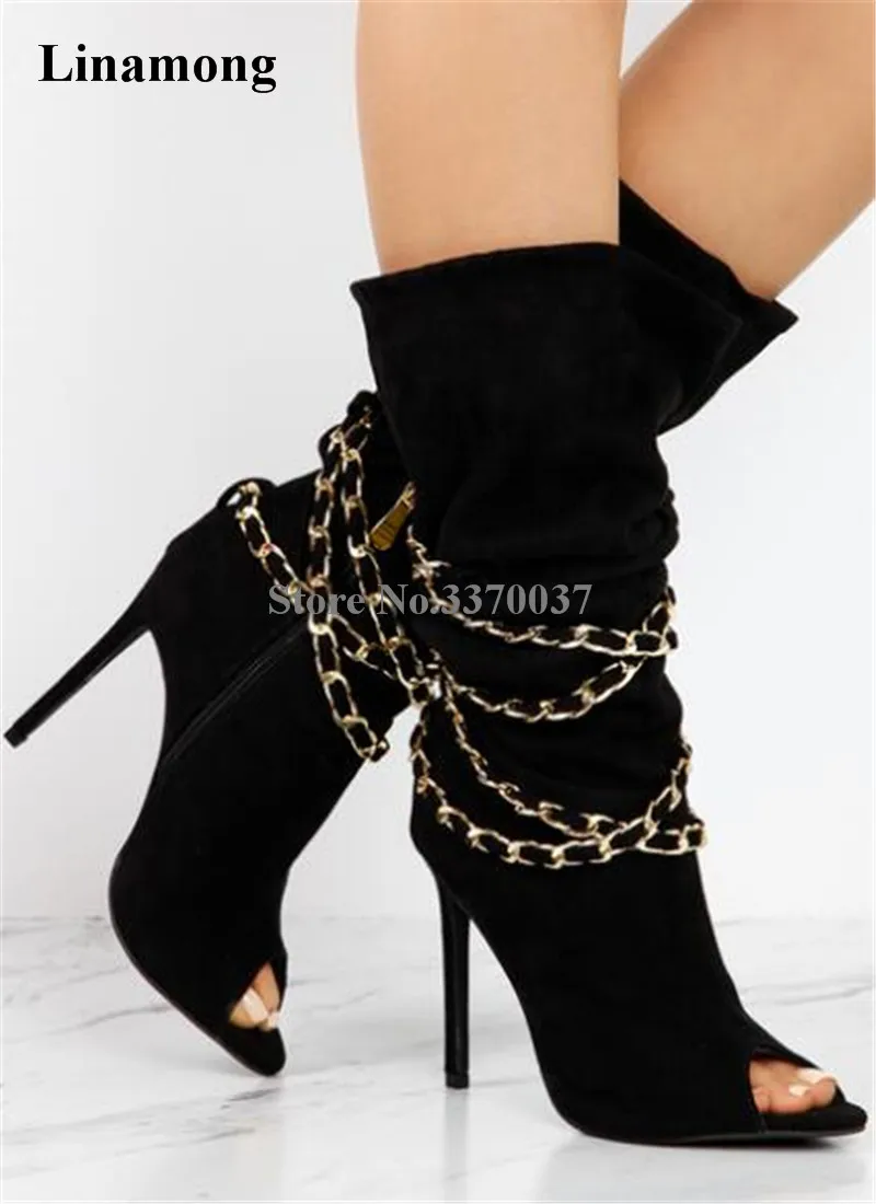 New Fashion Women Open Toe Black Suede Leather Gold Chain Design Gladiator Boots Thin Heel Blue Mid-calf High Heel Boots New Fashion Women Open Toe Black Suede Leather Gold Chain Design Gladiator Boots Thin Heel Blue Mid-calf High Heel Boots