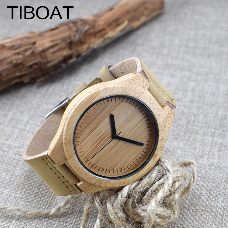 Tiboat роскошные деревянные часы ручной работы Bamboo Деревянный аналоговые кварцевые