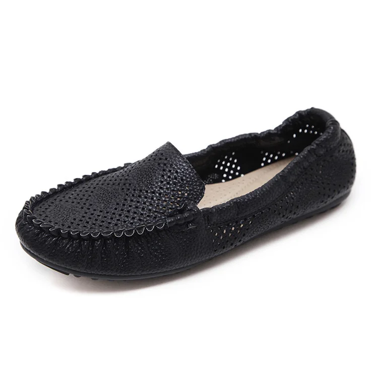 Woman Loafers PU Leather Shoes for Mother Flat with Sewing Summer Women's White Shoes Breathable Hollow Ballet Flats Black Beige (4)