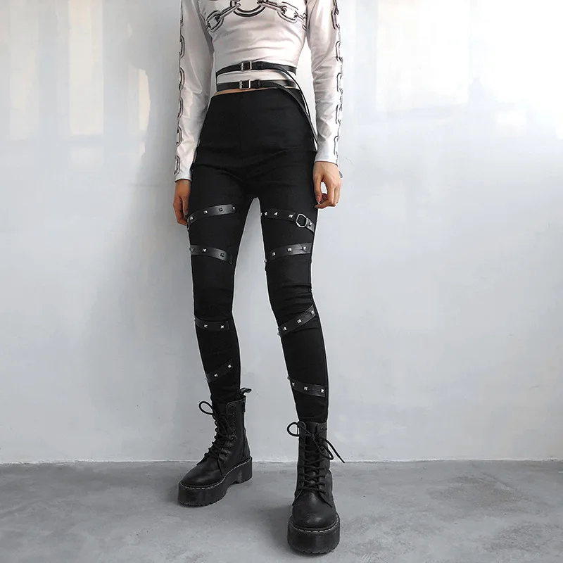 Женские брюки-карандаш Goth Dark, штаны с высокой талией, с кольцами и ремнями, модные обтягивающие брюки