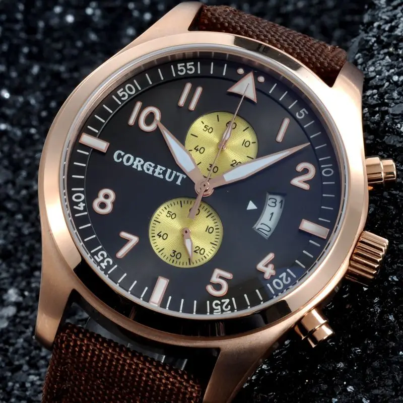 

Corgeut 46mm black plus yellow dial Gold Case Full Chronograph automatic date quartz wristwatch Men water resistant wristwatches