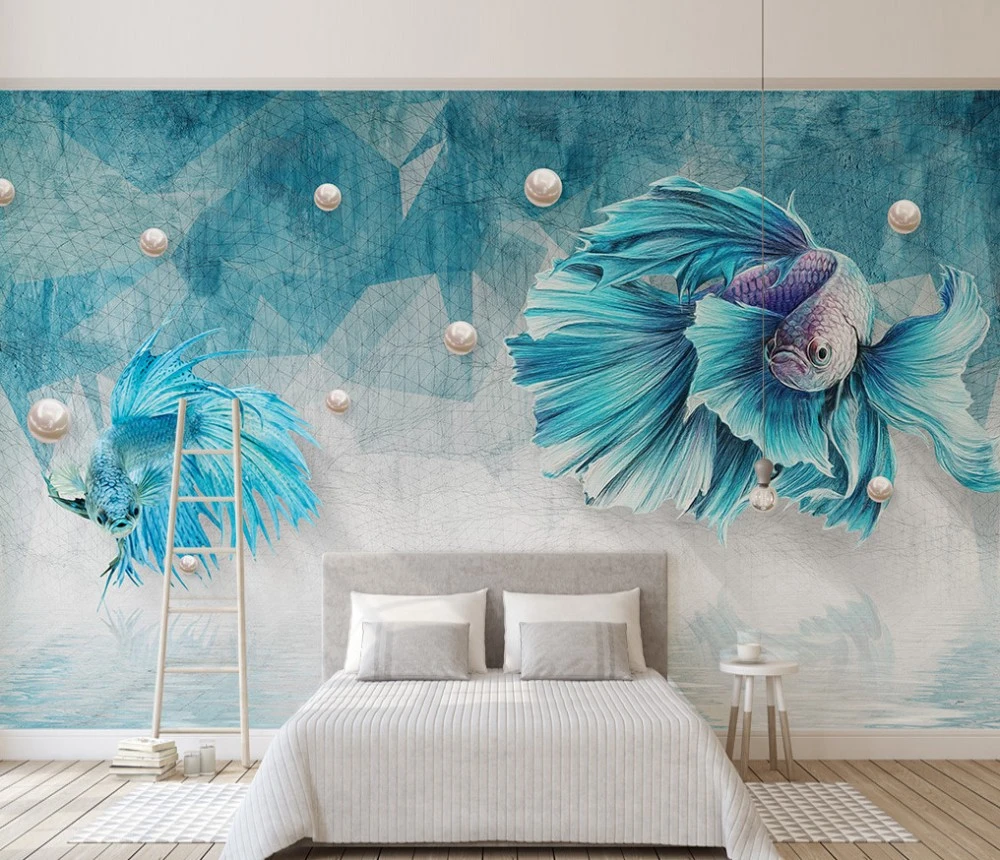 送料無料カスタム3dダークブルー抽象ライングッピーの魚ジュエリーテレビの背景壁紙アート壁画壁壁画デザイン用キッド Wallpapers Aliexpress