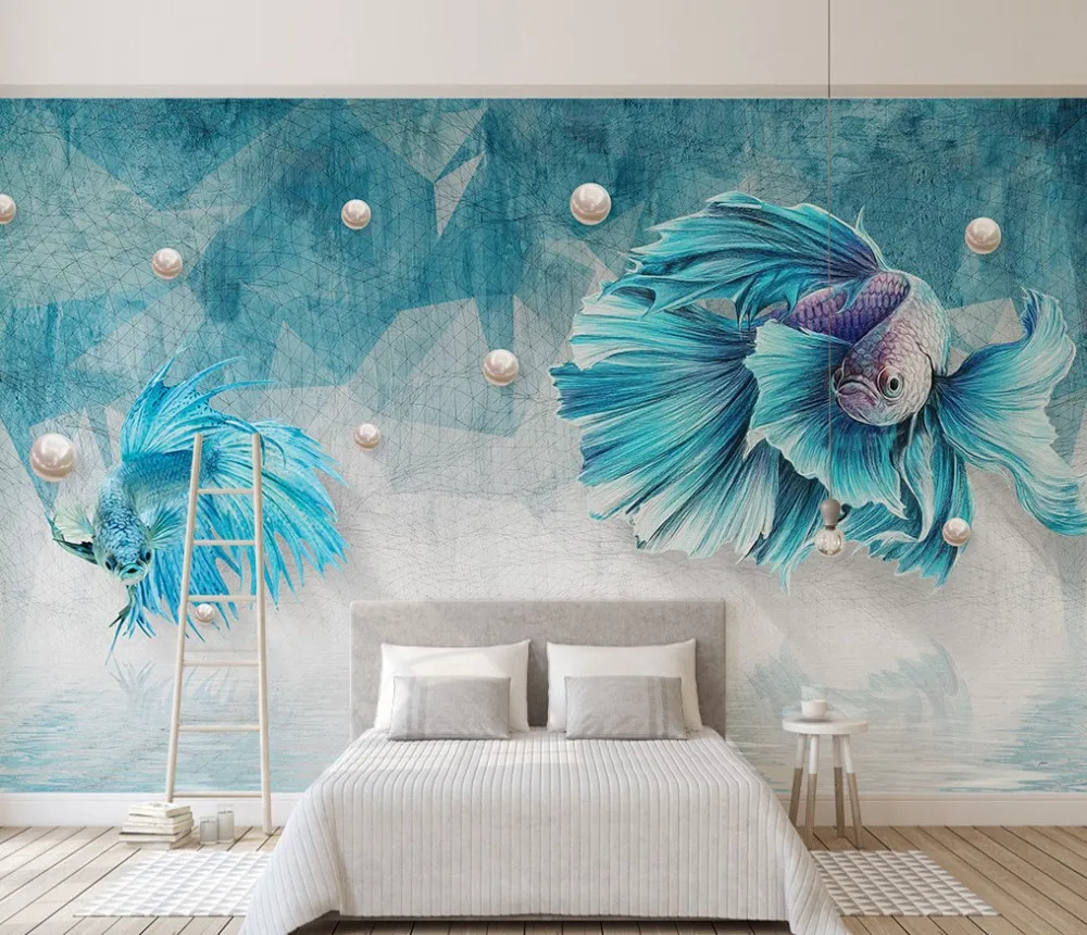 

Free Shipping Custom 3D Dark Blue Abstract Lines Guppy Fish Jewelery TV Background Wallpaper Art Mural Wall Mural Design for Kid