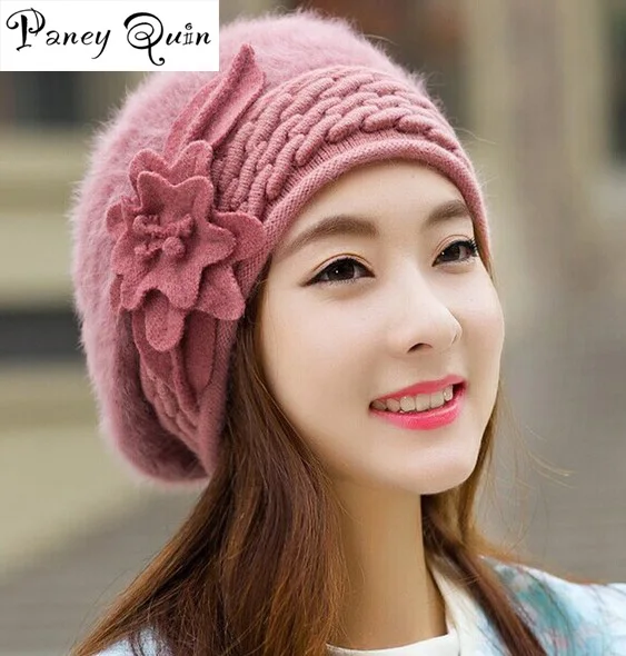 brand new flower Beanies Winter fur Hats caps For Women Floral Skullies