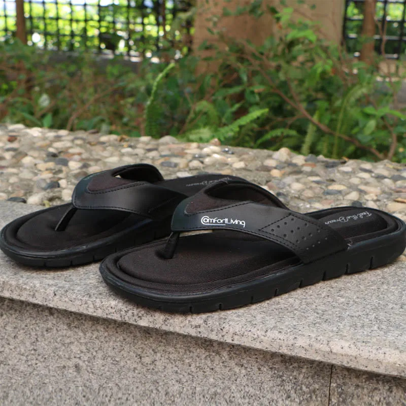 Летние модные мужские вьетнамки; нескользящие черные мужские сандалии; удобные классические пляжные шлепанцы для мужчин; шлепанцы с эффектом памяти - Цвет: BLACK