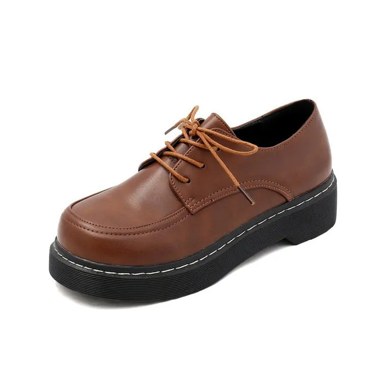 Pequeños Cabeza Las Cuero Suela Plana La Academia Británico Mujeres Encaje marrón Viento Ocio Zapatos Primavera Único Redonda 2019 Negro De qIdxwpPqC