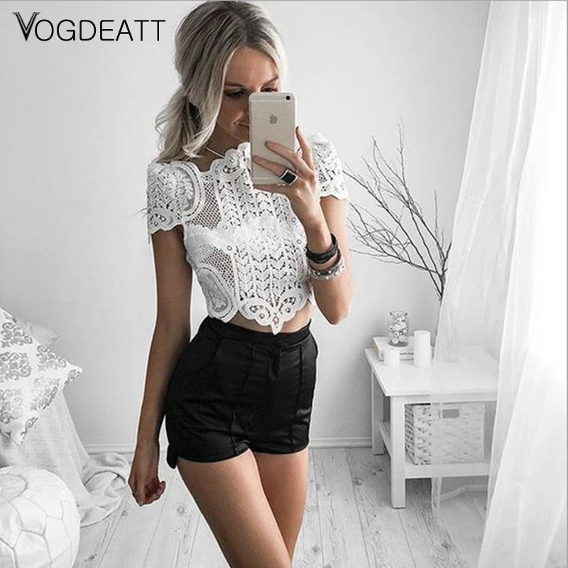 

Blusas Femininas Summer Women Shirts Lace Vintage Short sleeve White Renda Crochet Casual short Shirts Tops